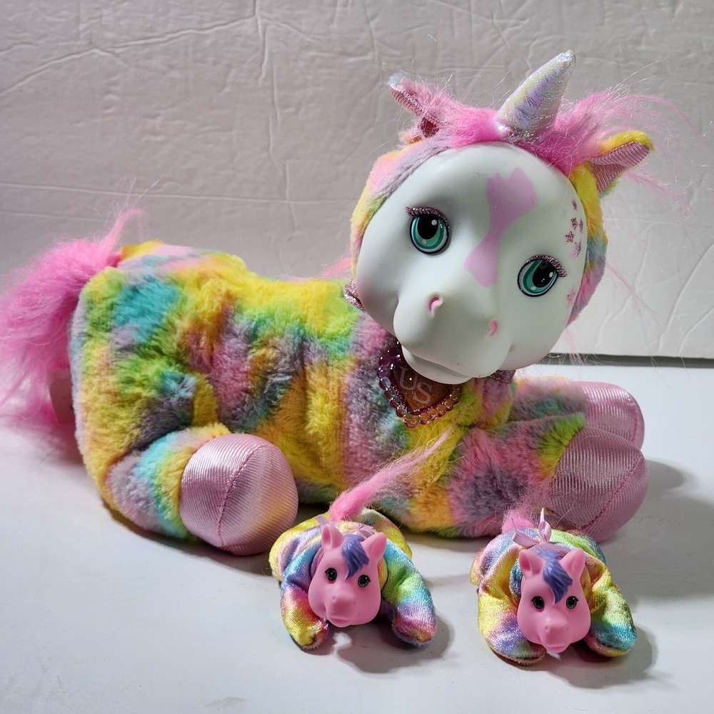 Unicorn Surprise Crystal Mother w/ 2 Babies Rainbow Marble Stars Plush 10"